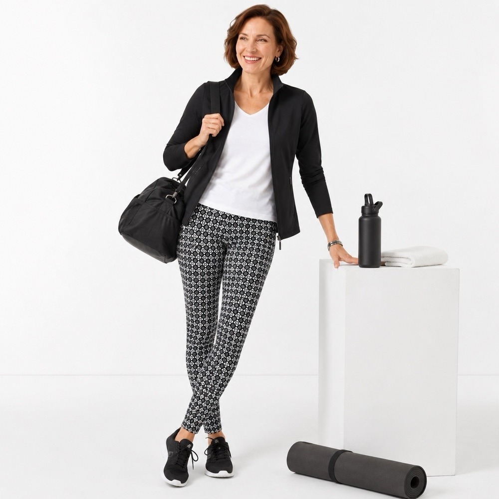 Talbots T by Talbots Black White Geometric Print Full Length Leggings Women's L